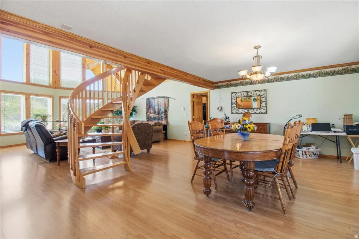 Open concept living space featuring wood-finish flooring throughout, a prominent spiral staircase with wood railing, expansive windows, light green wall finishes, and a decorative ceiling border