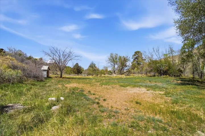 Expansive lot featuring varied terrain, mature trees, and a small outbuilding