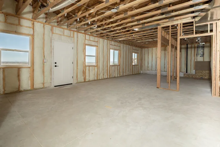 Unfinished basement featuring exposed wood framing, concrete flooring, spray foam insulation, multiple windows, and a recessed panel door