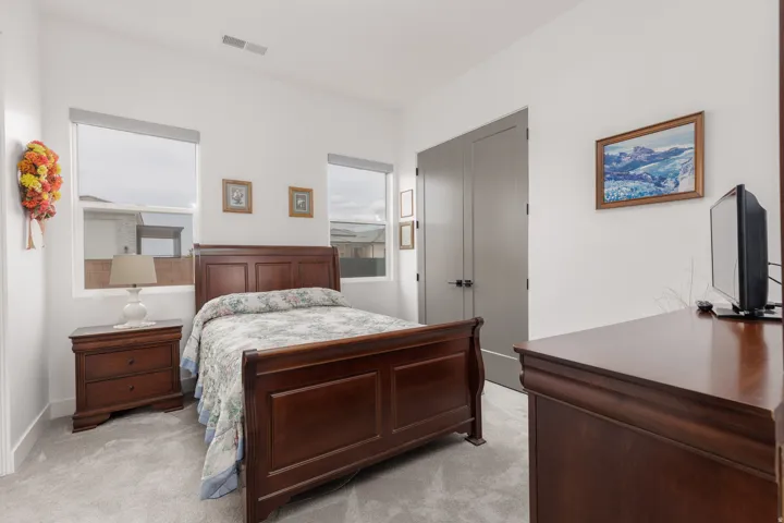 Carpeted room featuring multiple windows, white walls, and a pair of gray interior doors with matte black hardware