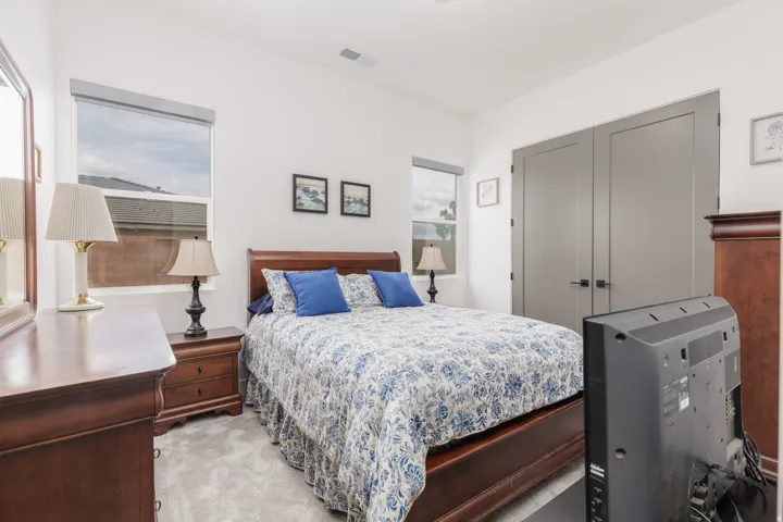 Bedroom featuring light gray carpet, multiple windows with blinds, and white walls