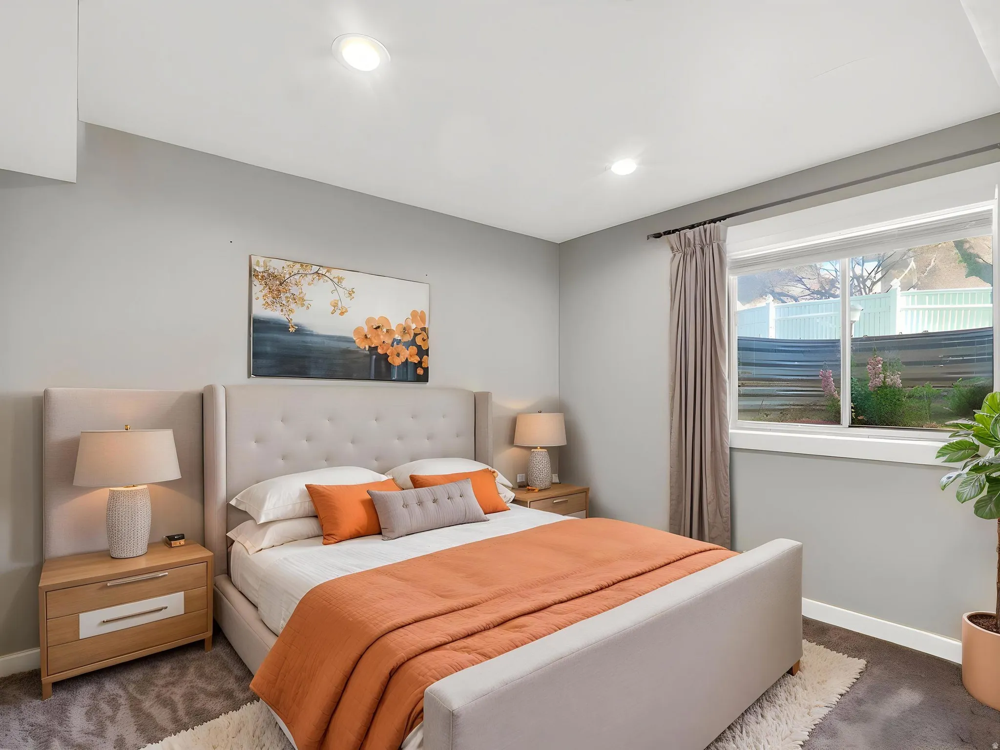 Bedroom featuring recessed lighting, a large window, light gray wall paint, and gray carpeting