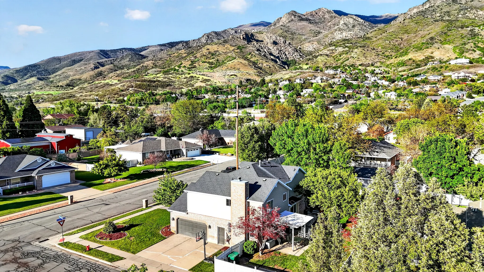 Elevated view showcasing a residential area with varied home styles and mature trees