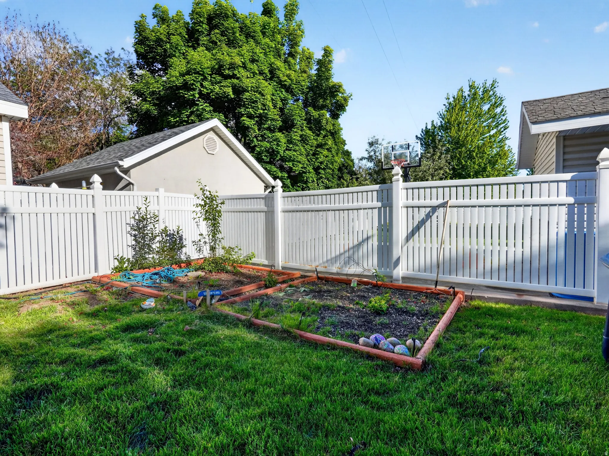 Grassed backyard area featuring a white privacy fence, an elevated garden bed with wood borders, and a second garden bed with a brick border
