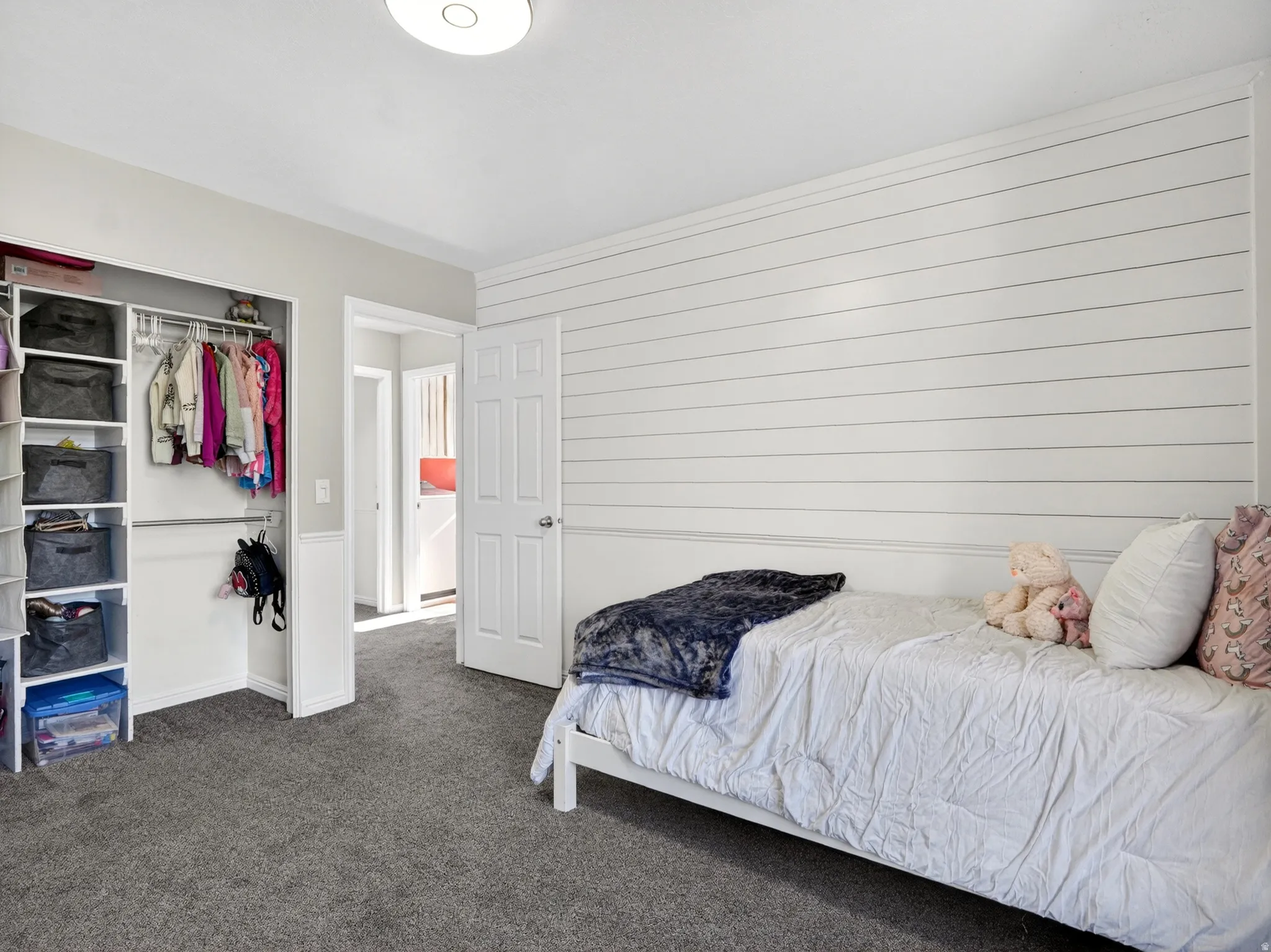 Room featuring a white shiplap accent wall, neutral carpeting, and a built-in closet with shelving and hanging storage