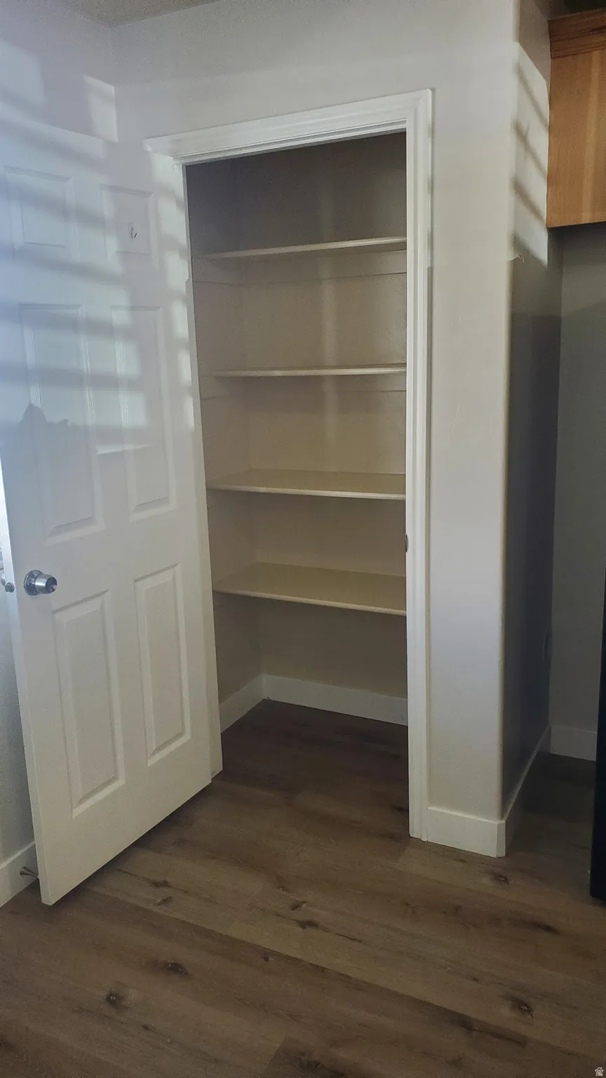 Recessed pantry with five shelves and wood-finish flooring