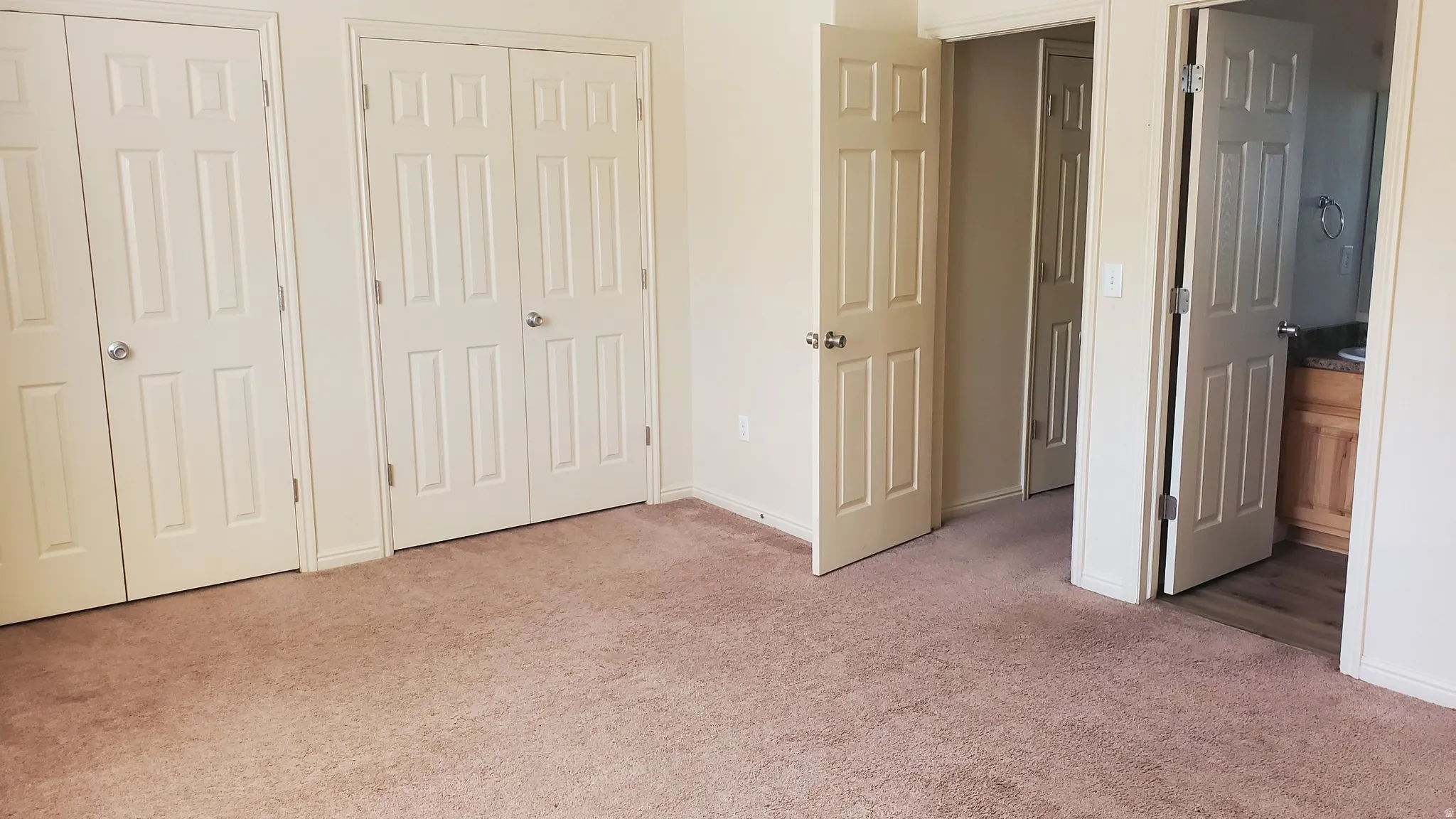 Carpeted room featuring multiple panel doors, neutral wall paint, and white baseboards