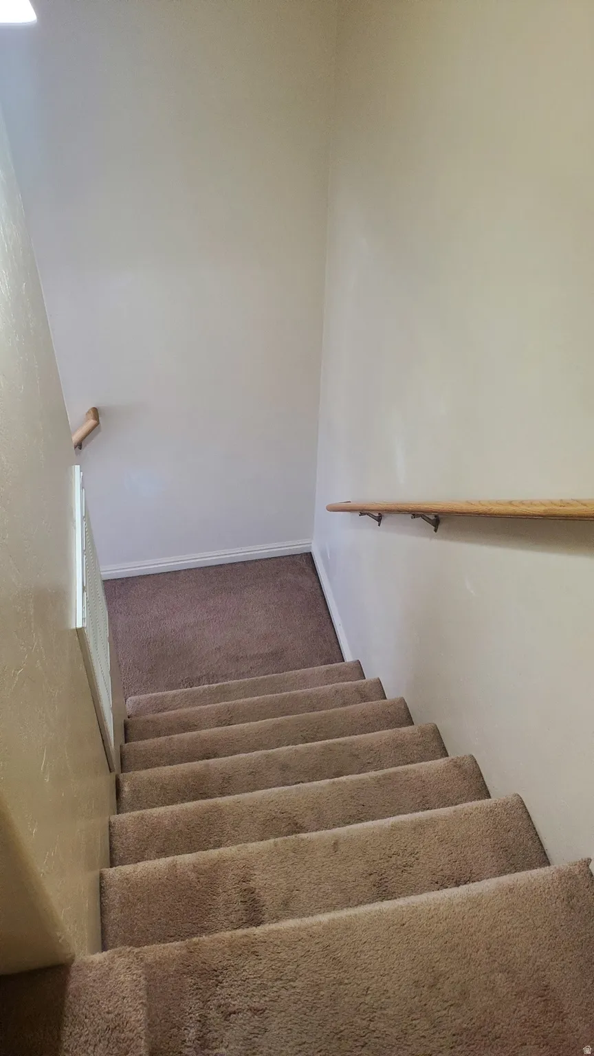 Carpeted staircase with light beige walls and wooden handrails