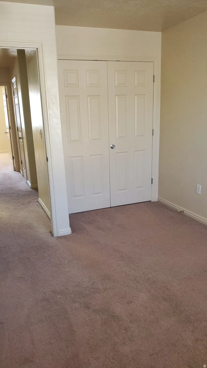 Beige carpeting throughout, featuring two paneled closet doors with silver hardware, and light-toned wall paint