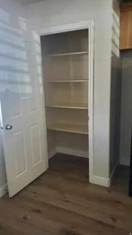 Recessed pantry with five shelves and wood-finish flooring