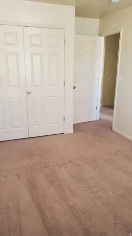 Brown carpeted flooring and white paneled doors