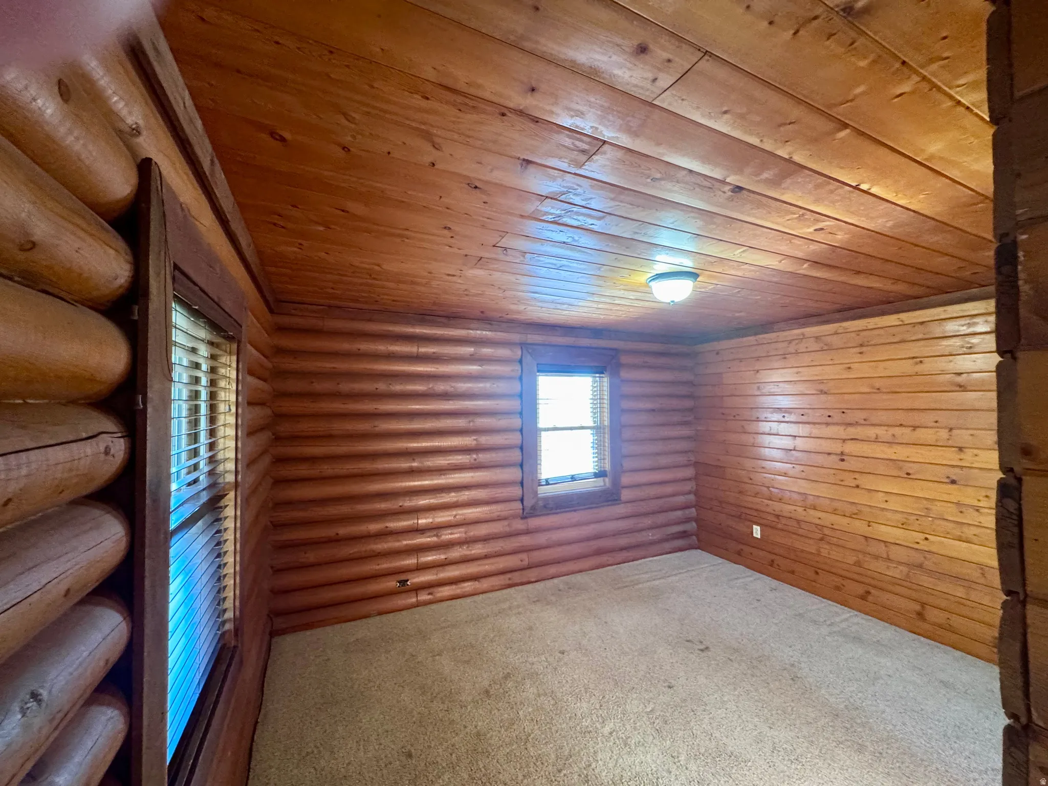 Room featuring natural wood walls, wood-plank ceiling, and carpet flooring