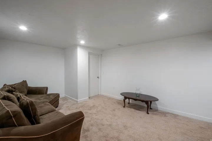 Spacious interior room featuring light-toned carpeting and white painted walls