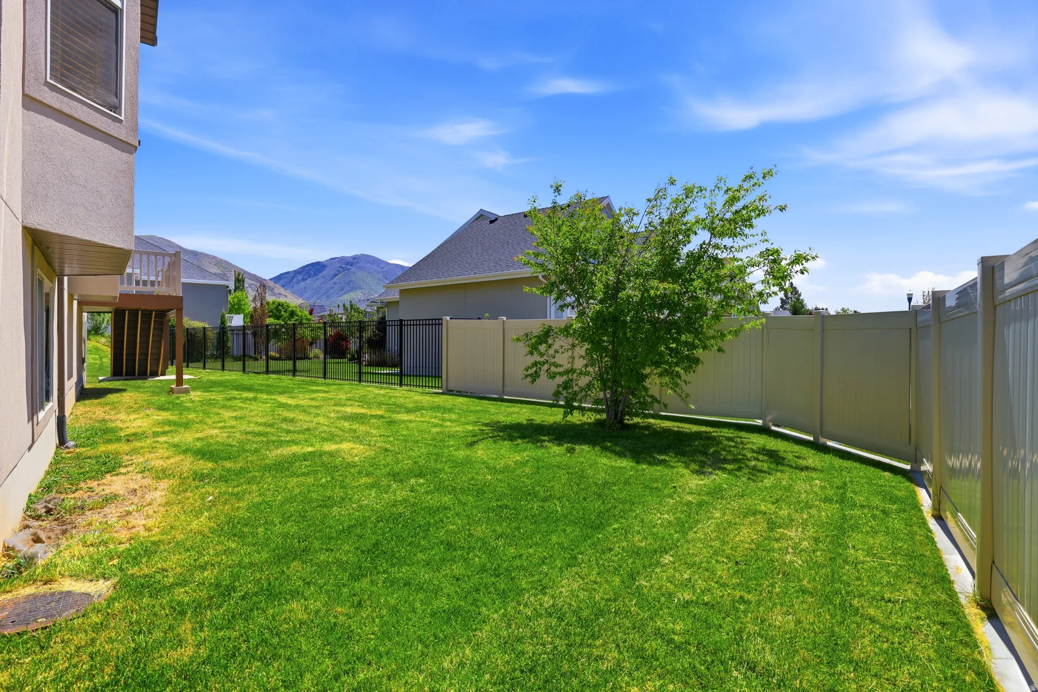 Expansive backyard with a manicured lawn, featuring a partial privacy fence and an open-air deck