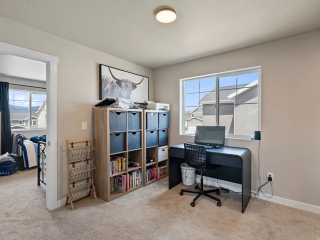 Carpeted interior room with neutral-toned walls, featuring a large window with white muntins