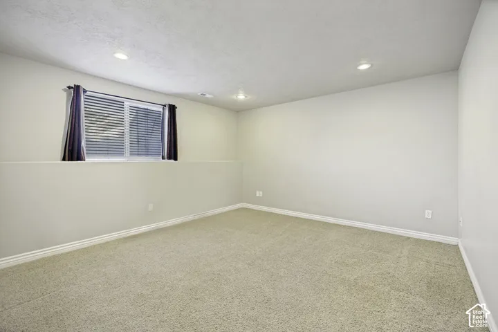 Spacious room featuring neutral carpeting, light-toned walls, and white baseboards