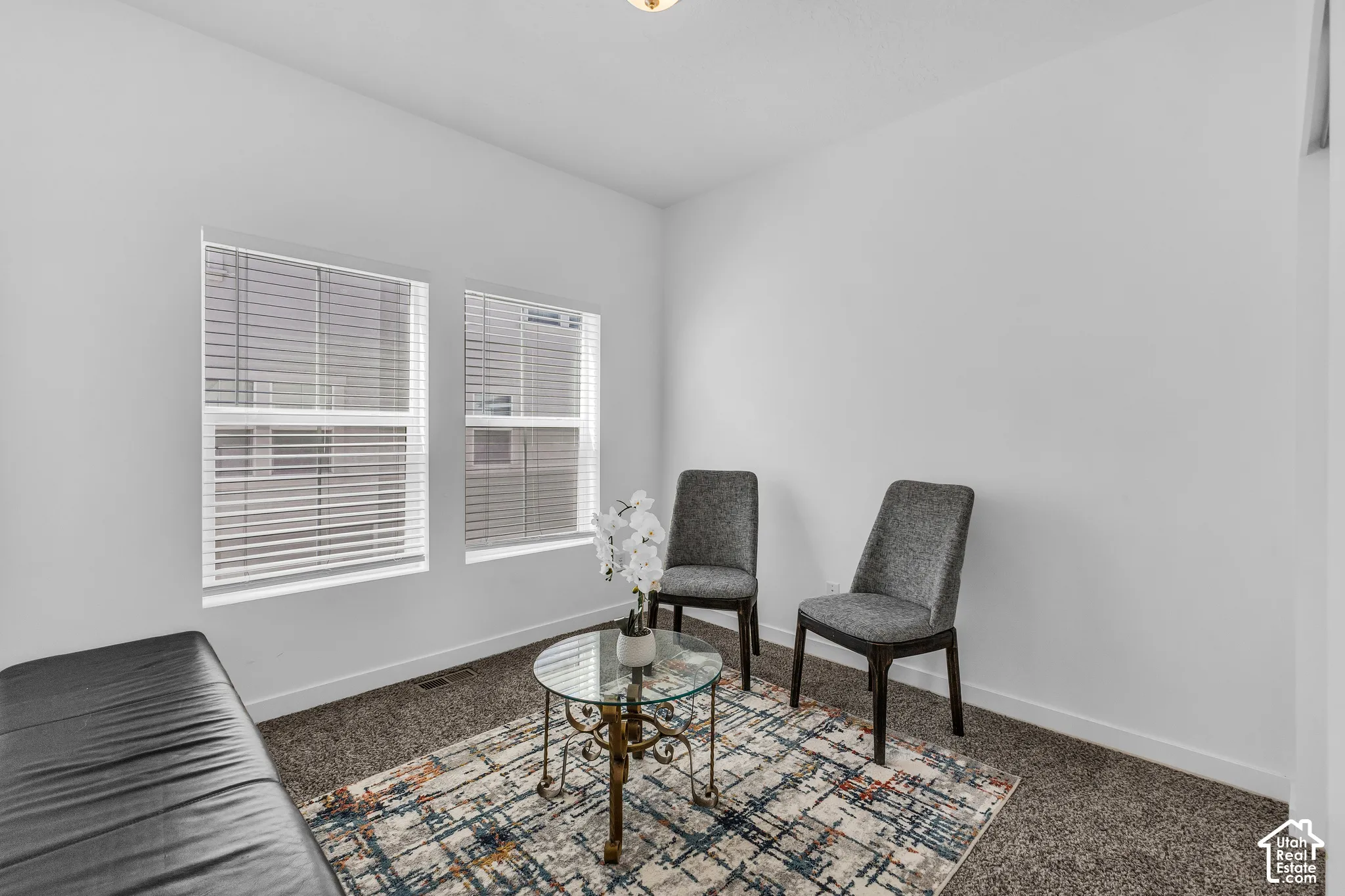 Room featuring neutral wall tones, two large windows with blinds, and dark carpet