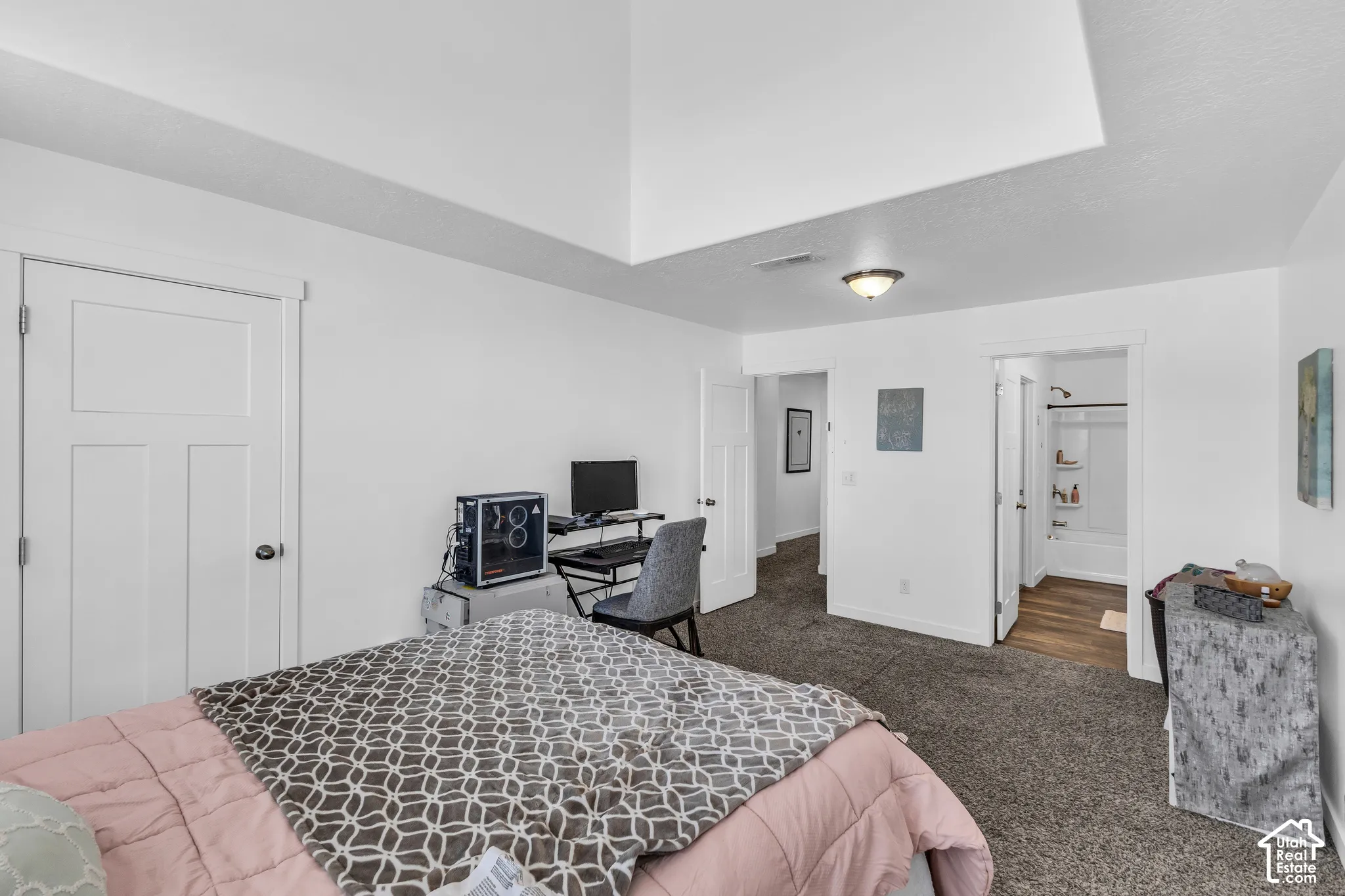 Spacious room with a tray ceiling, neutral wall tones, and plush carpeting