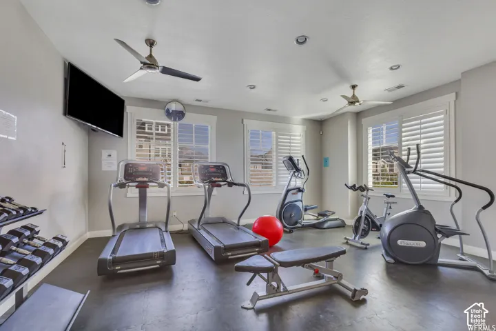 Dedicated fitness room featuring multiple exercise machines
