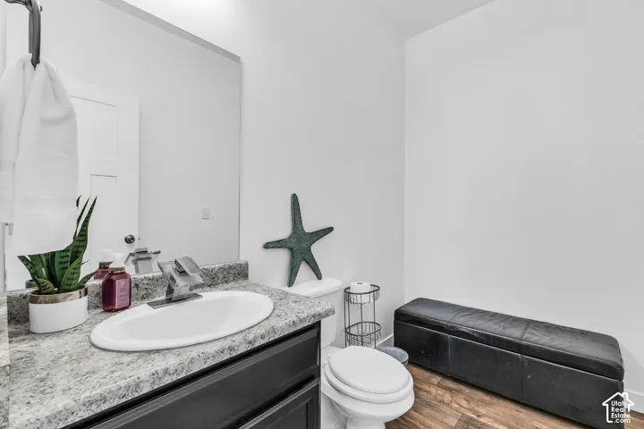 Bathroom featuring a single vanity with an oval basin, granite-finish countertop, dark wood-finish cabinetry, wood-finish flooring, and a contemporary mirror