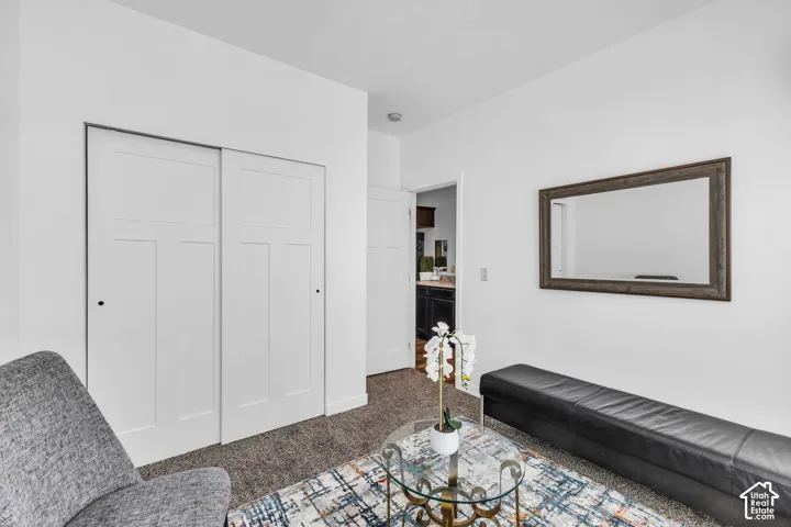 White paneled sliding closet doors, wall-to-wall carpeting, and a framed wall mirror