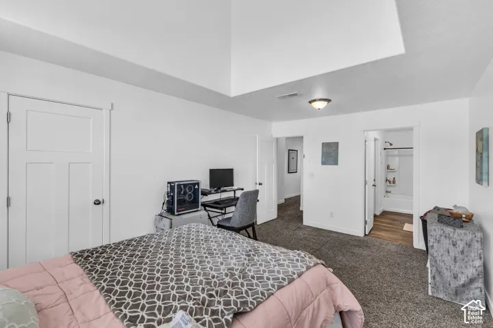Spacious room with a tray ceiling, neutral wall tones, and plush carpeting
