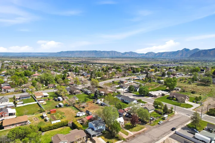 Aerial perspective of suburban area featuring mountains