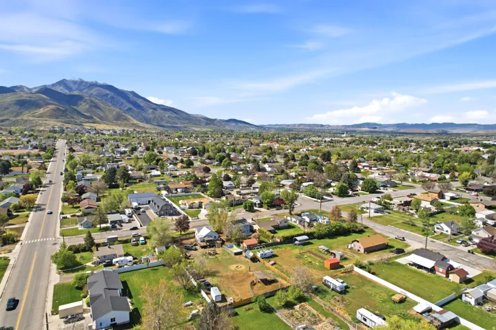 Aerial view of residential area with mountains