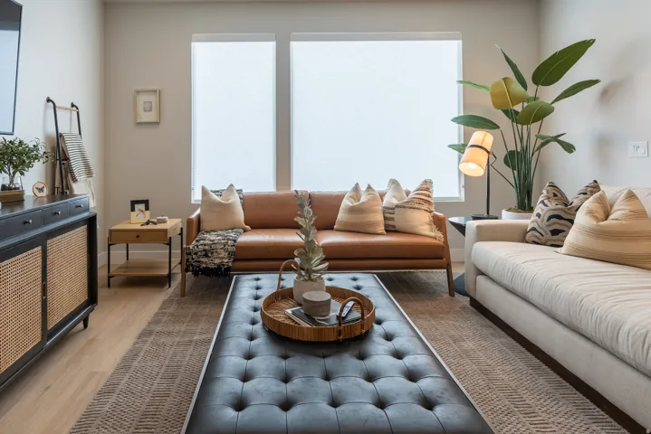 Spacious living area featuring light wood-finish flooring, neutral wall tones, and two large windows with roller shades