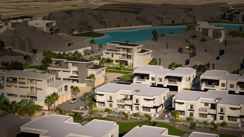 Contemporary architectural designs featuring multiple stories, private balconies, and integrated garages