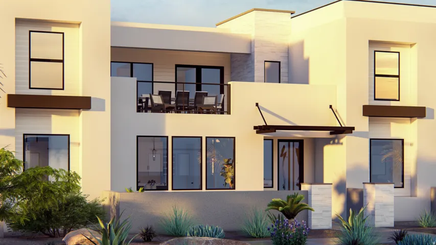 Contemporary multi-level residence featuring a neutral stucco exterior, prominent black-framed windows, and an upper-level balcony with glass railing