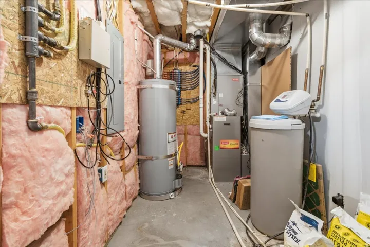 Utility space featuring a water heater, furnace, and water softener system