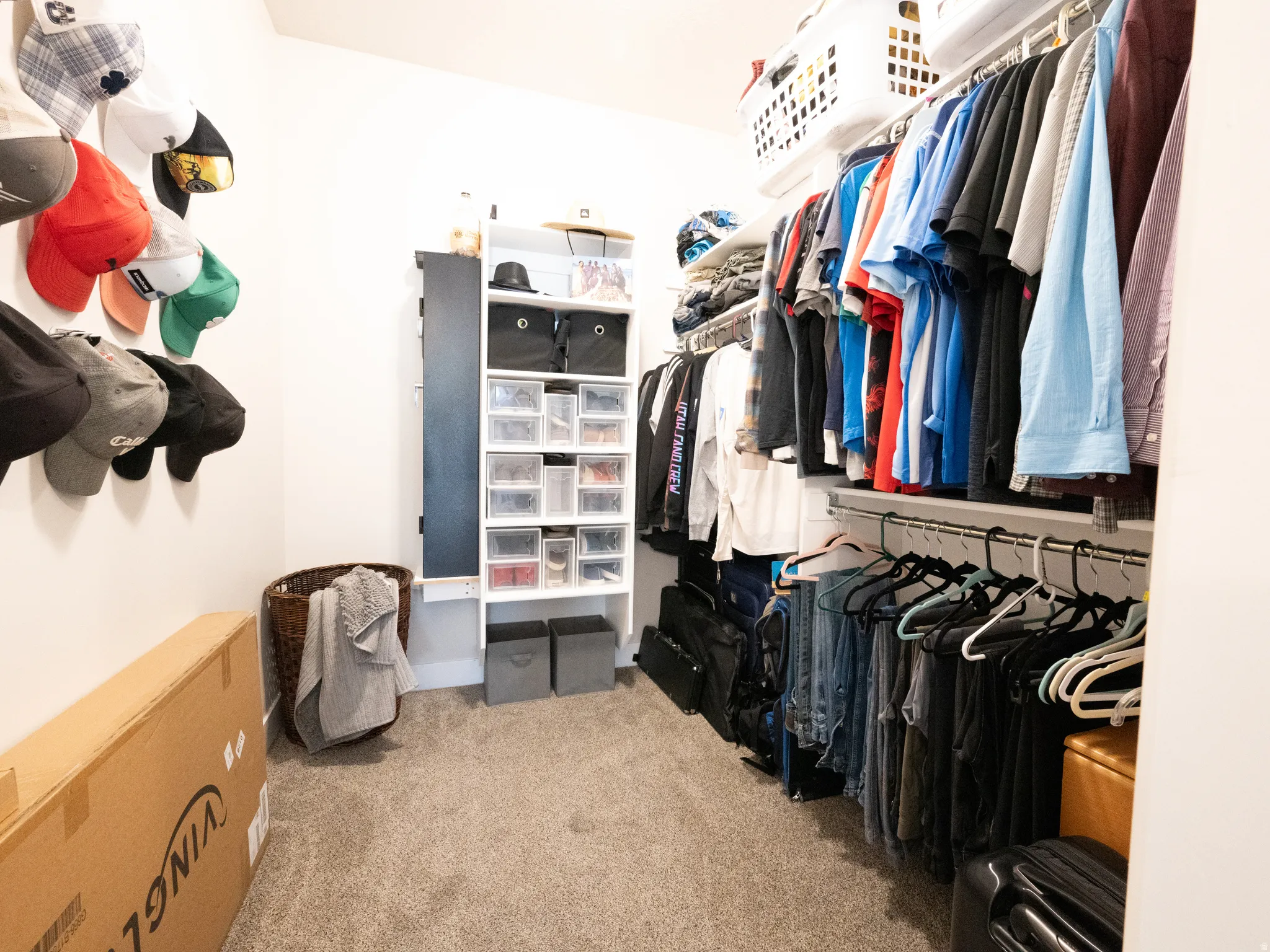 Walk-in closet featuring extensive built-in shelving, multiple hanging rods, and neutral carpet flooring