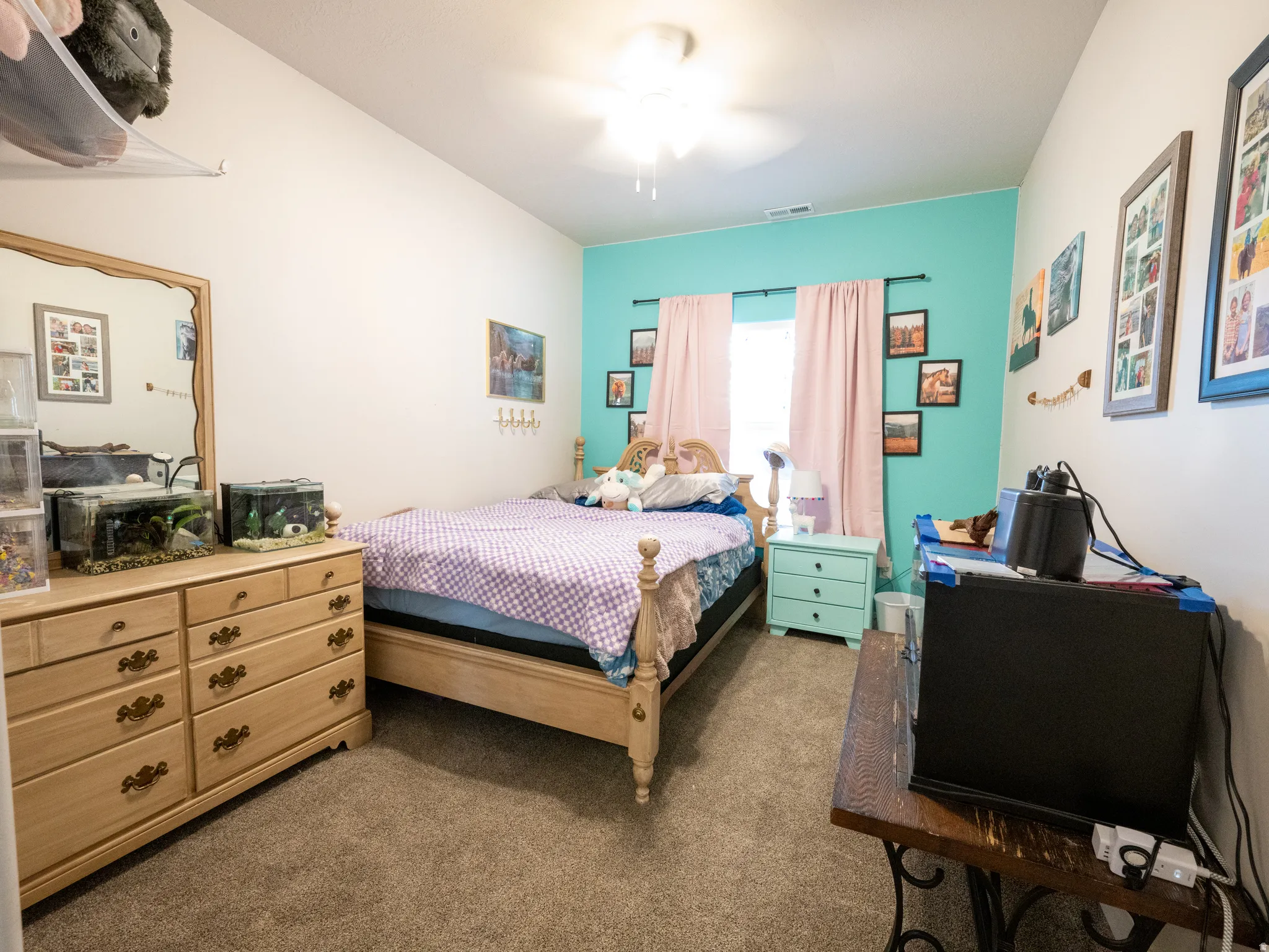 Carpeted bedroom featuring a light wood-finish bed frame, a matching wood-finish dresser with a large mirror, a ceiling fan with light, and a window with a light-colored accent wall