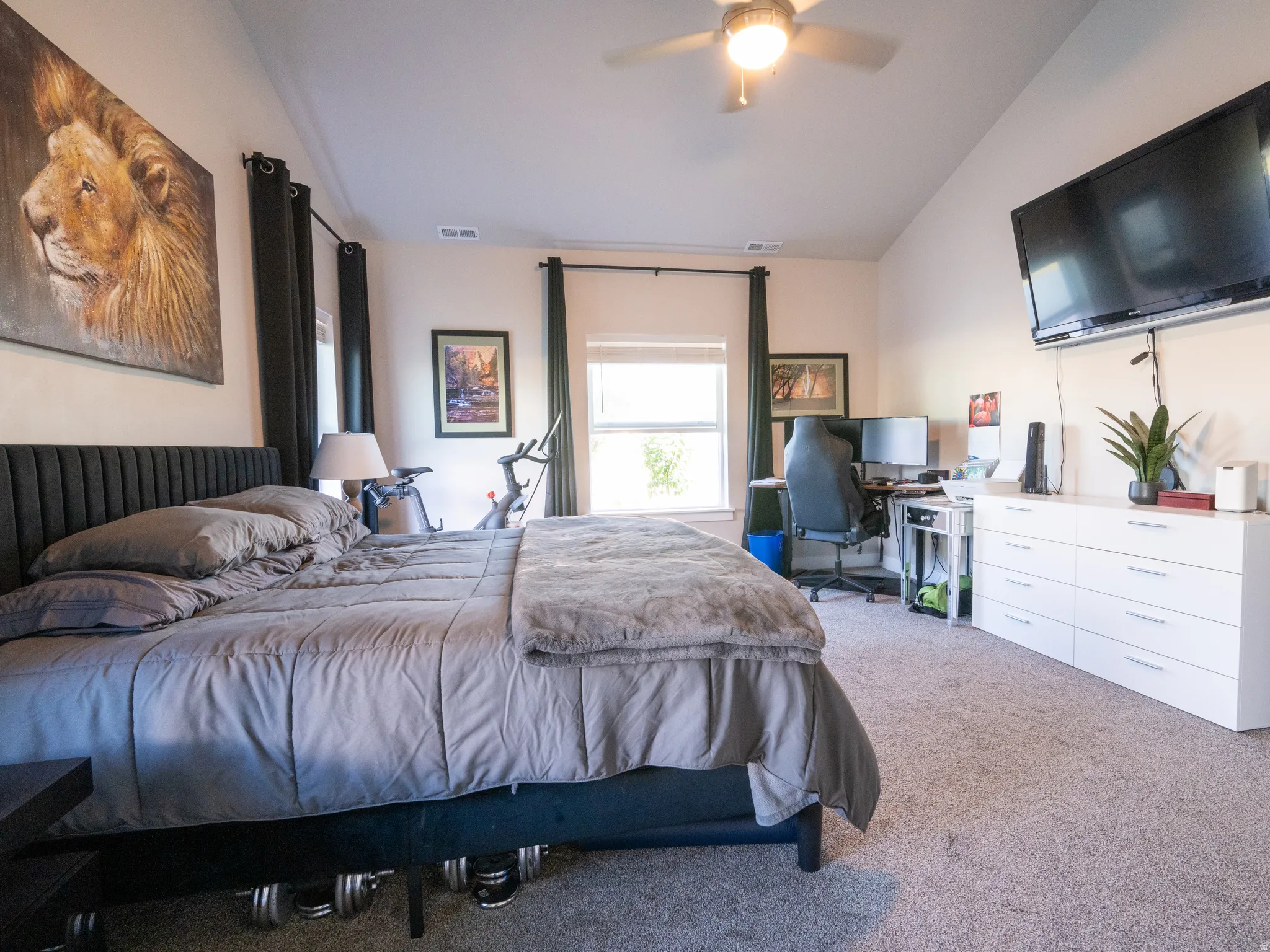 Spacious bedroom featuring vaulted ceilings, a ceiling fan with integrated lighting, and neutral-toned carpeting