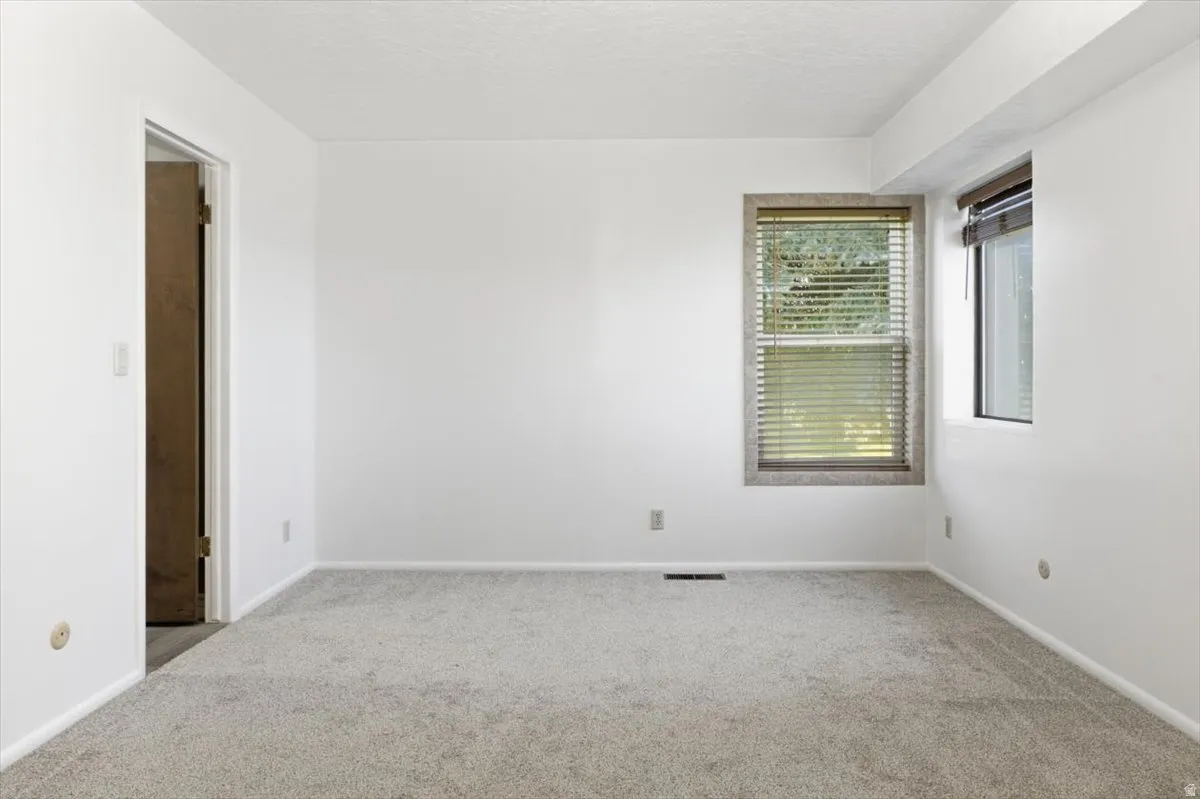 Neutral gray carpet flooring complements white wall finishes