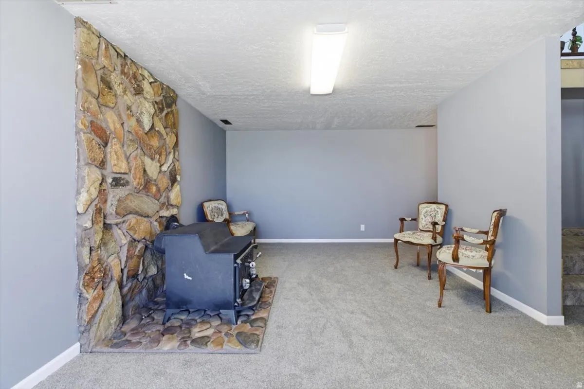 Stone accent wall featuring a wood-burning stove with a stone hearth