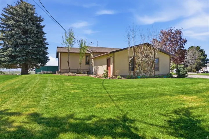 Expansive lawn featuring mature trees and a stucco exterior with stone accents