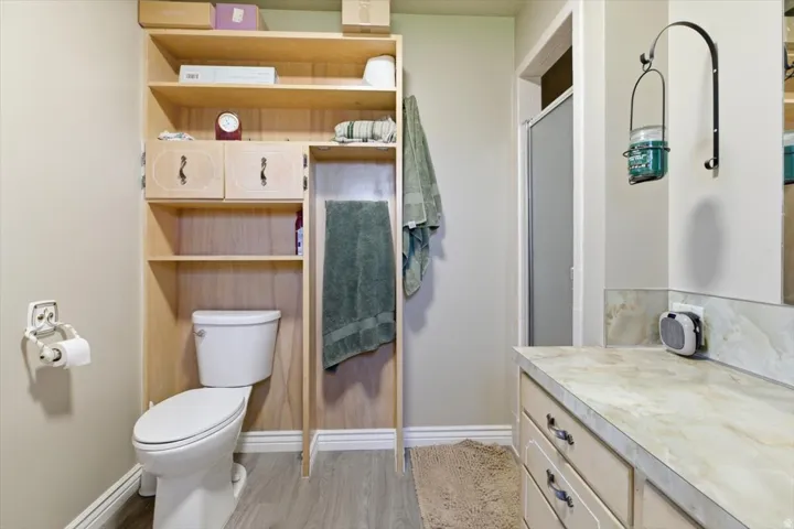 Bathroom featuring wood-finish flooring, a toilet with built-in wooden shelving, and a vanity with a light-toned countertop