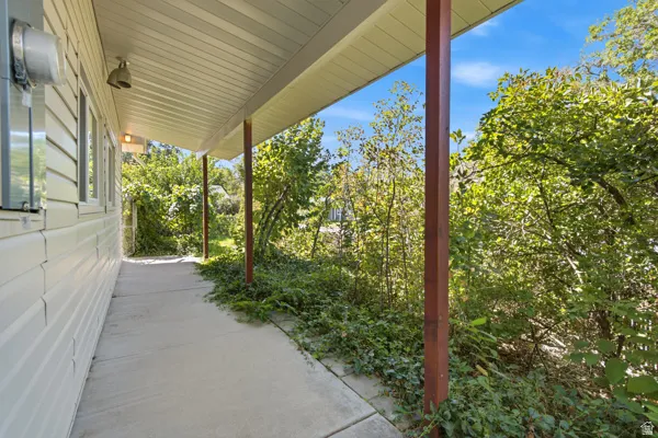 Covered porch with concrete flooring and natural landscaping