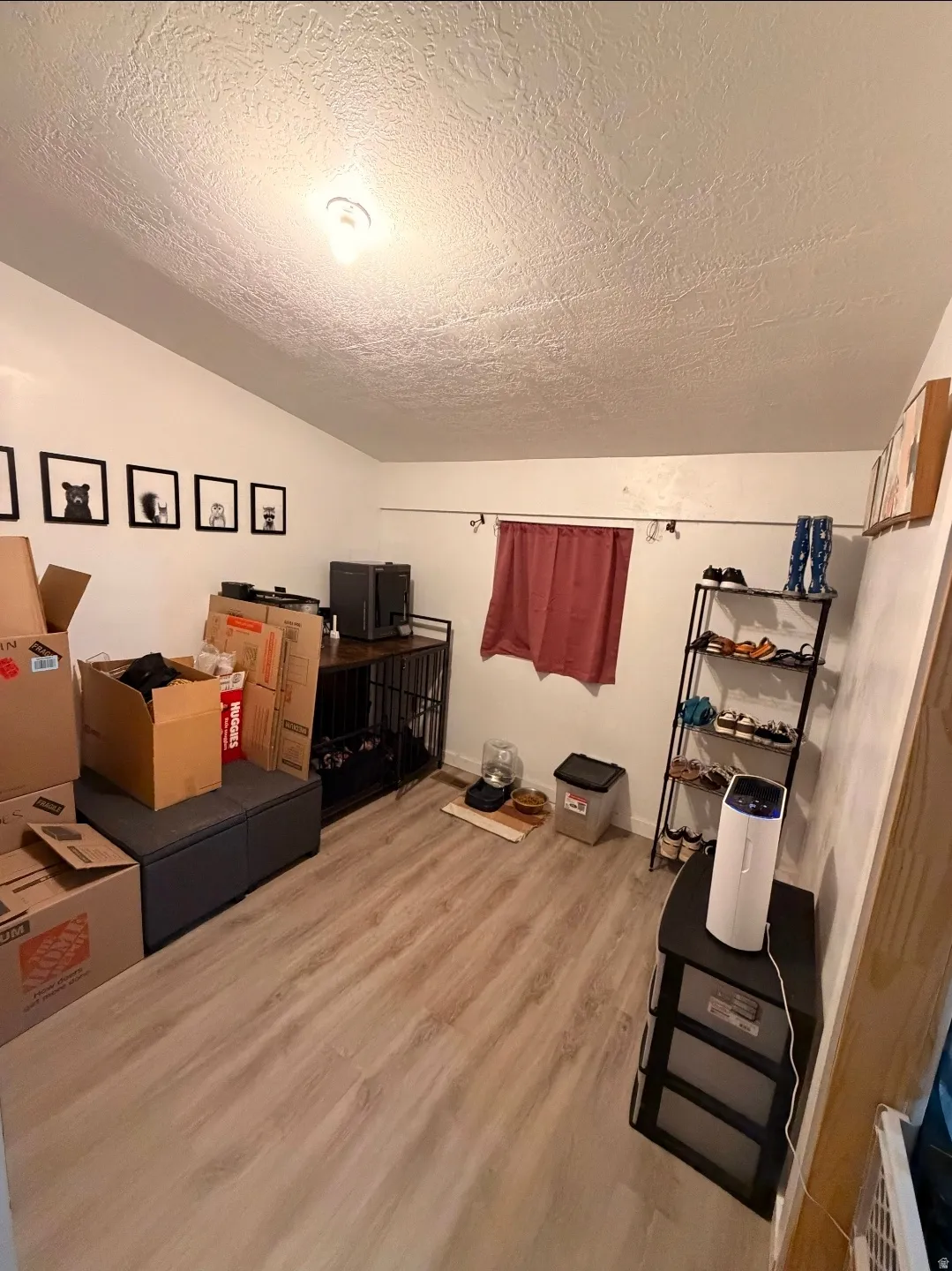 Room featuring wood-finish flooring, white walls, and a recessed window with a curtain rod