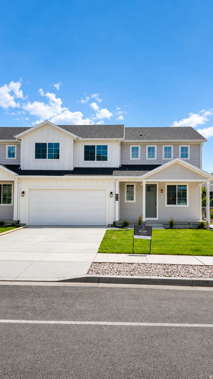 Contemporary townhome featuring a two-car garage, concrete driveway, and front lawn