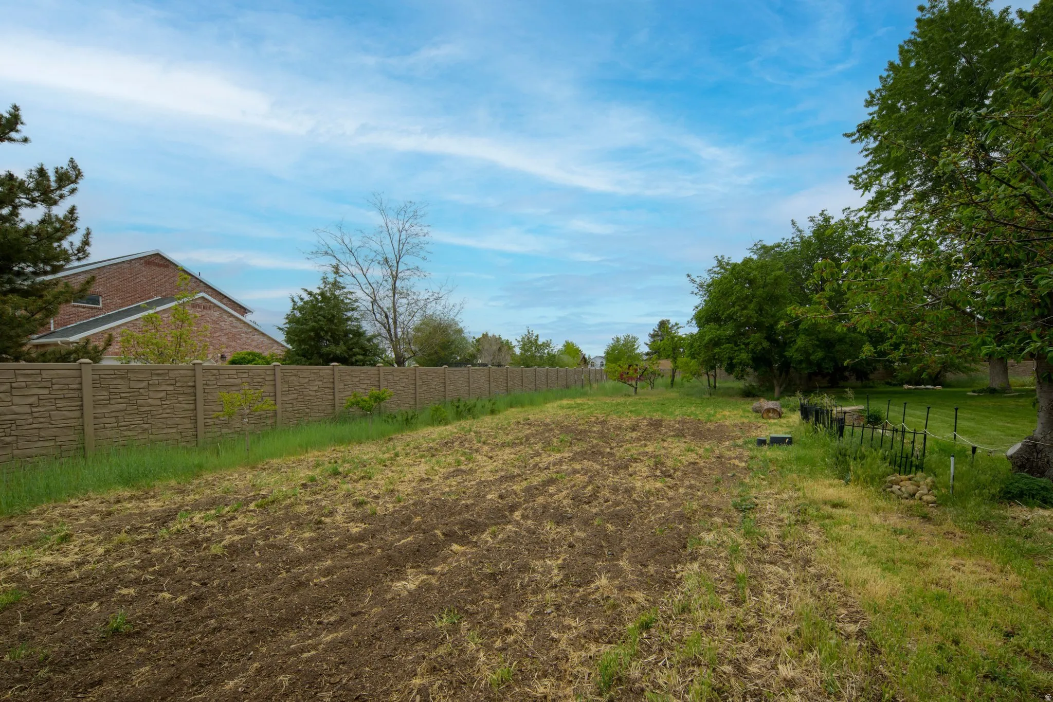 Expansive outdoor space featuring a textured stone-look privacy fence, mature perimeter trees, a partially cleared section, and a verdant grassy area