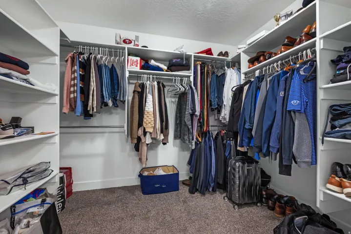 Spacious walk-in closet featuring white built-in shelving, multiple hanging rods, and carpet flooring