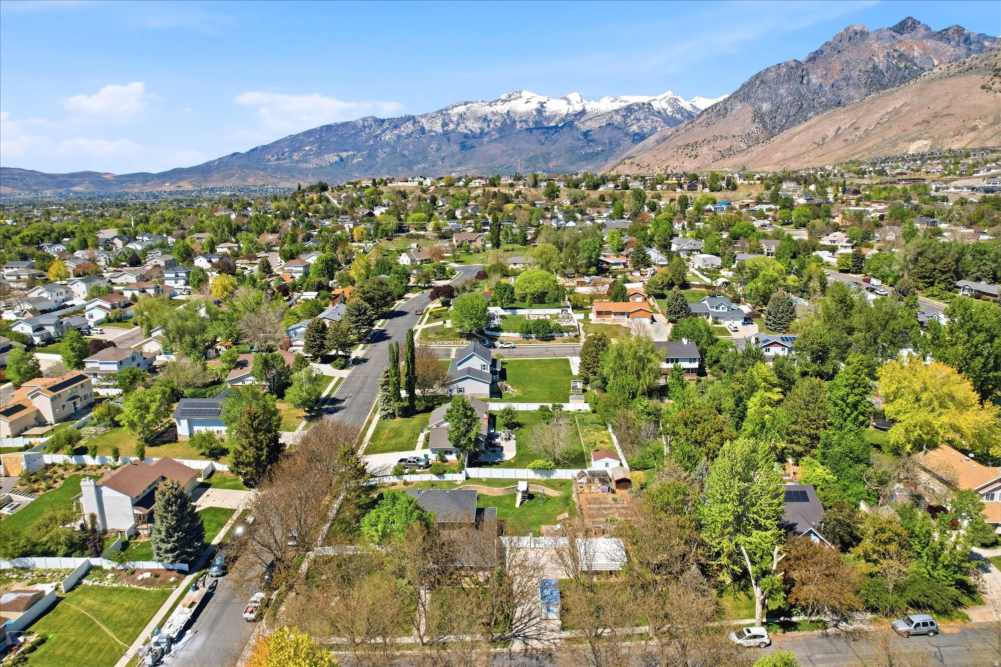 Expansive suburban neighborhood featuring a residential street, mature trees, and mountainous terrain