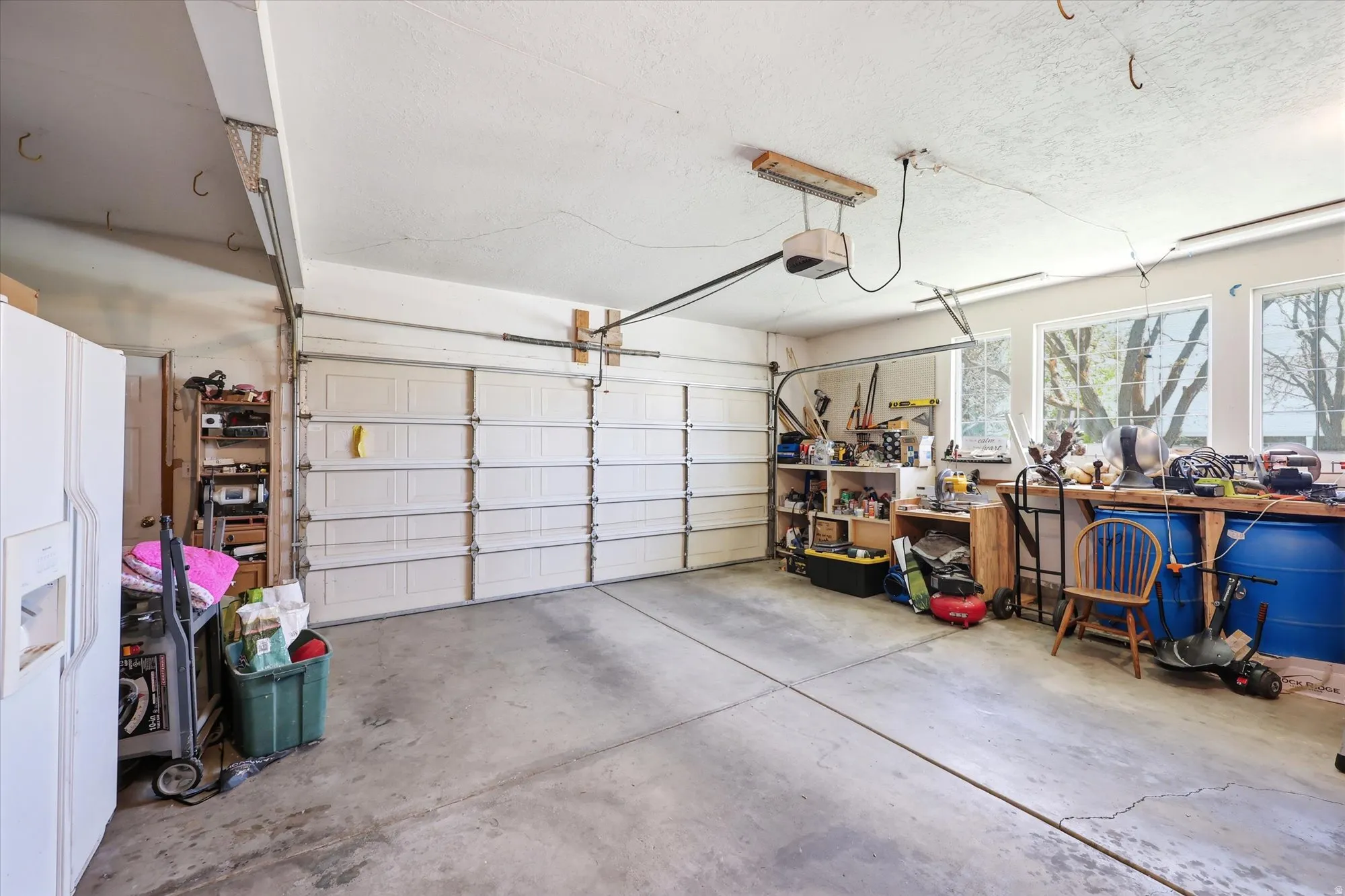 Spacious garage featuring a concrete floor, two white paneled garage doors, and built-in shelving