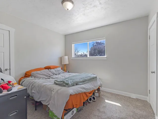 Carpeted room featuring a window with white trim, light gray walls, a ceiling-mounted light fixture, and white painted doors with brushed nickel hardware