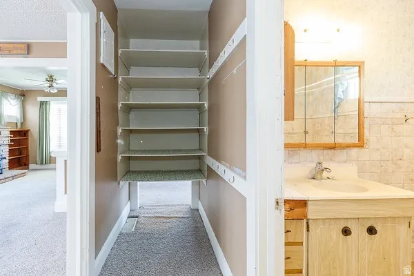 Hallway with built-in shelving, carpeted flooring, and a partial view of a bathroom vanity