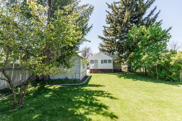 Expansive grassy yard with mature trees and a detached shed