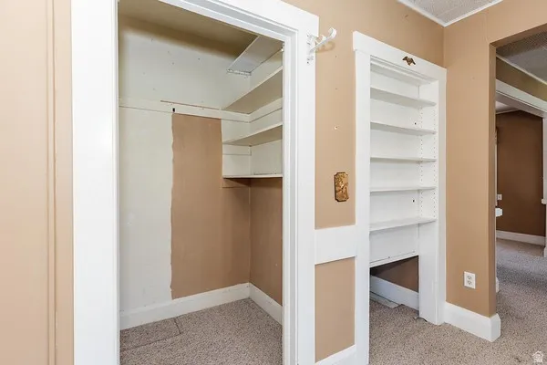 Built-in shelving unit featuring multiple adjustable shelves, adjacent to an open closet with interior shelving and carpet flooring